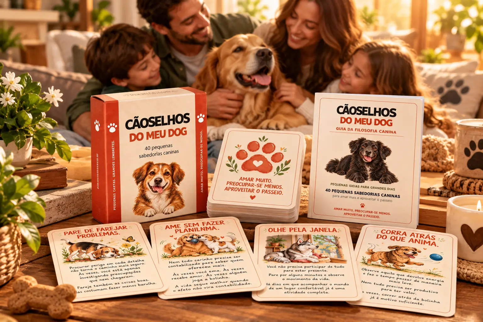 Família com cachorro e o kit Cãoselhos impresso