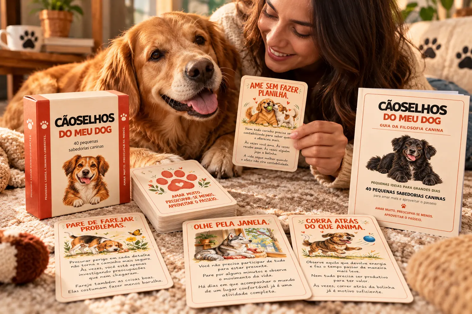 Mulher e cachorro com as cartas e os dois bônus impressos