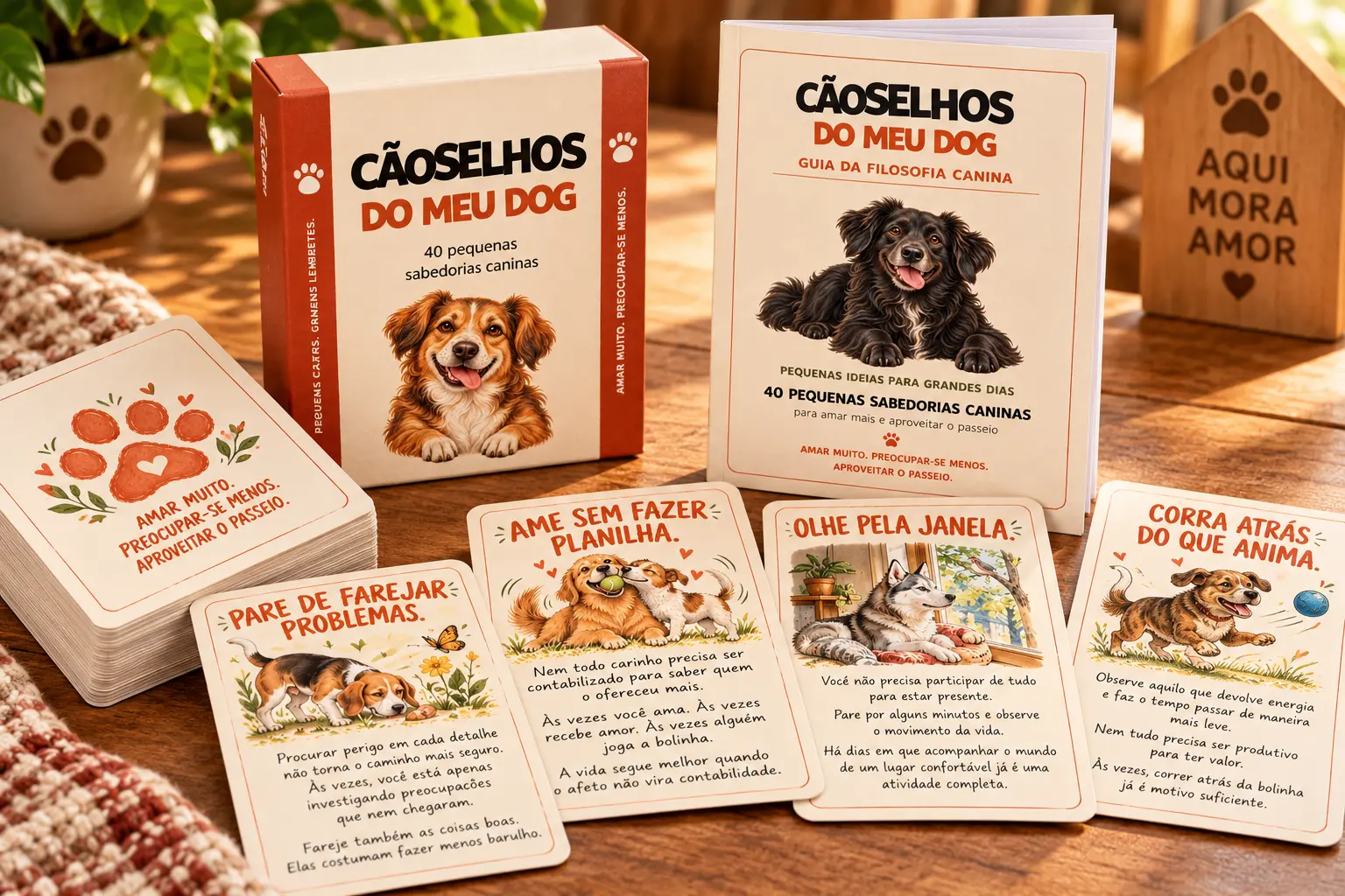 Cartas ilustradas, caixa e guia de Cãoselhos do meu Dog